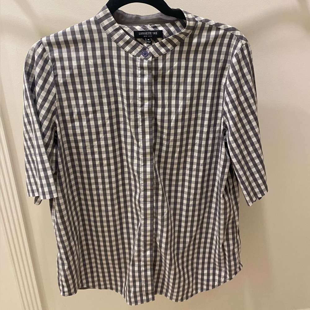 Lafayette 148 New York Gray and White Gingham Band-Collar Checkered Shirt Size M